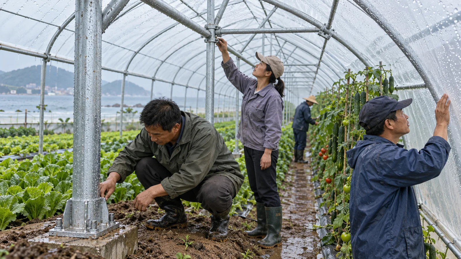 中国沿海农业温室内,工人检查银灰色镀锌钢管骨架连接处的现场检查场景