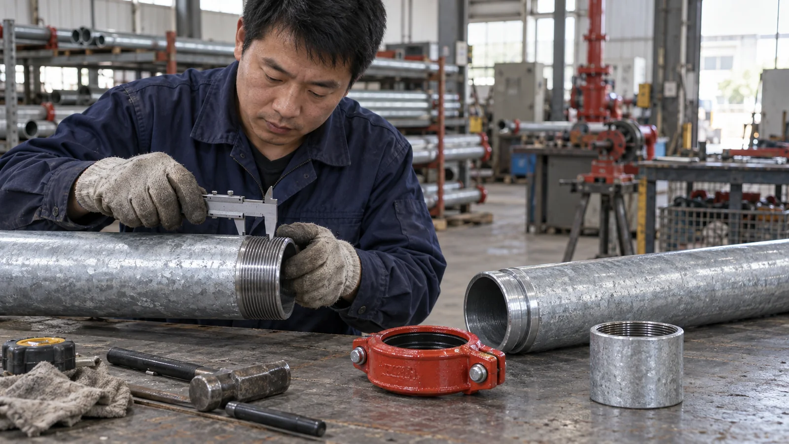 中国消防管件加工车间内技术员检查镀锌钢管螺纹端和沟槽连接件