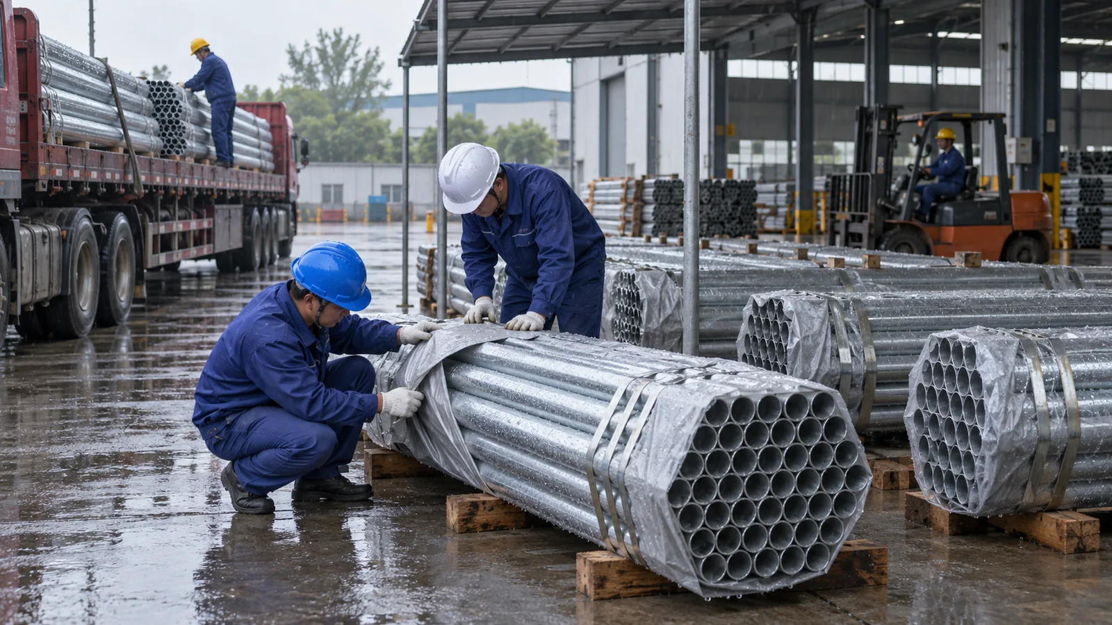 雨天钢材仓库卸车区,工人检查带水珠的成捆镀锌钢管的现场检查场景