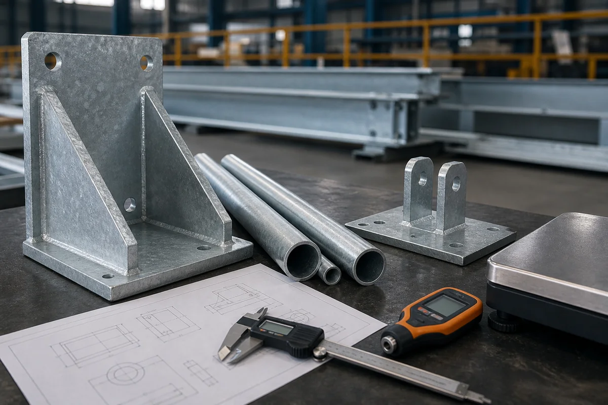 不同结构的热镀锌工件与图纸测量工具用于核对加工报价因素的示意